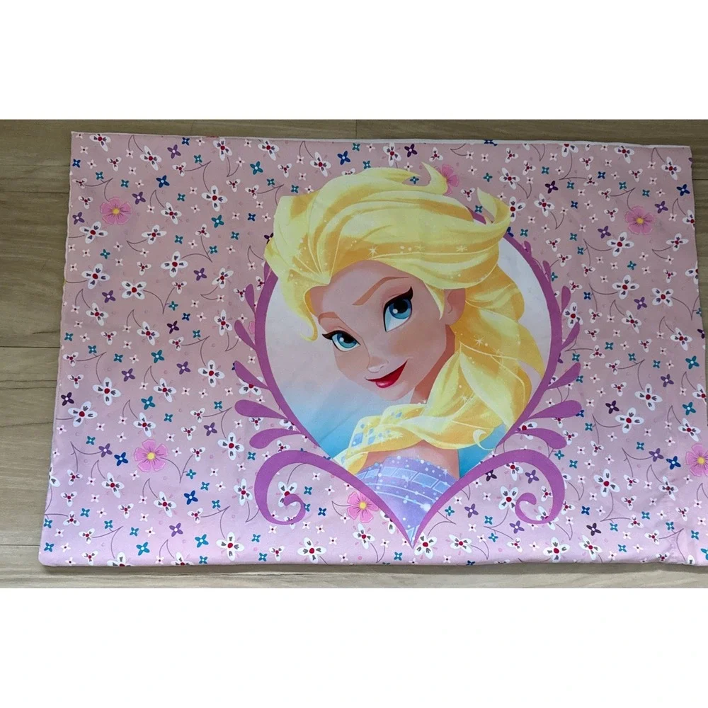 Disney Frozen Elsa Anna Pillowcase Pink Blue Purple Flowers EUC Double Sided